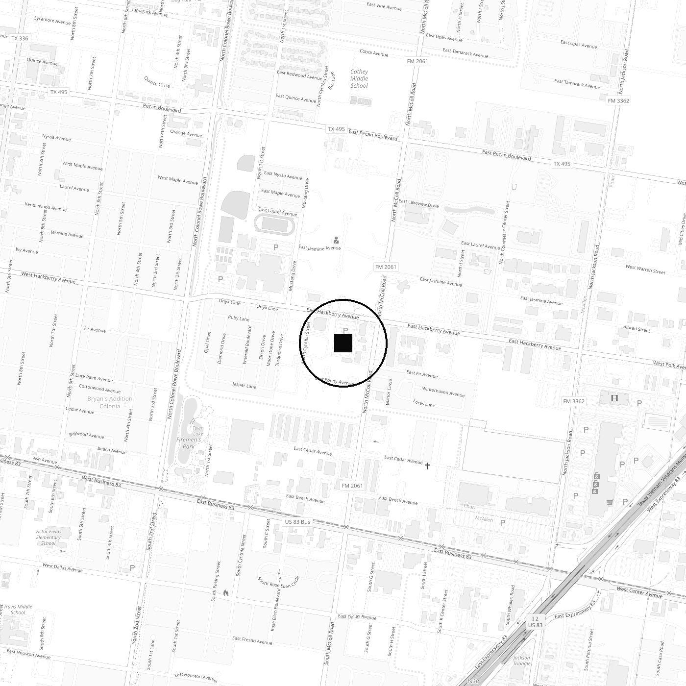 Map of central McAllen, Texas, with 500 E. Hackberry Avenue marked